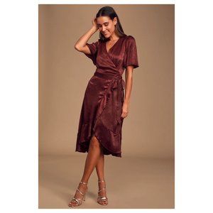 Lulus Wrapped Up In Love Burgundy Satin Faux-Wrap Midi Dress